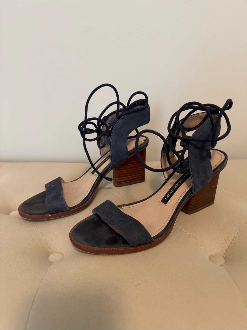French Connection Jalena Lace-Up Navy Suede Block Heel Sandals